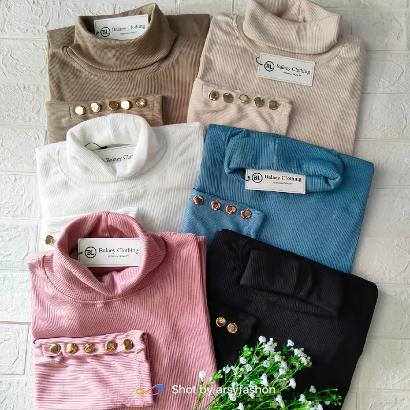 Inara Top Rib knit Button - Atasan iner wanita Polos Turtleneck Kancing Panjang 4