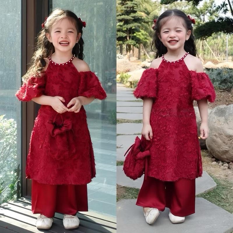 Set áo dài tết bé gái CS736 Bộ áo dài cách tân đỏ rớt vai kèm túi xinh cho bé gái mặc tết