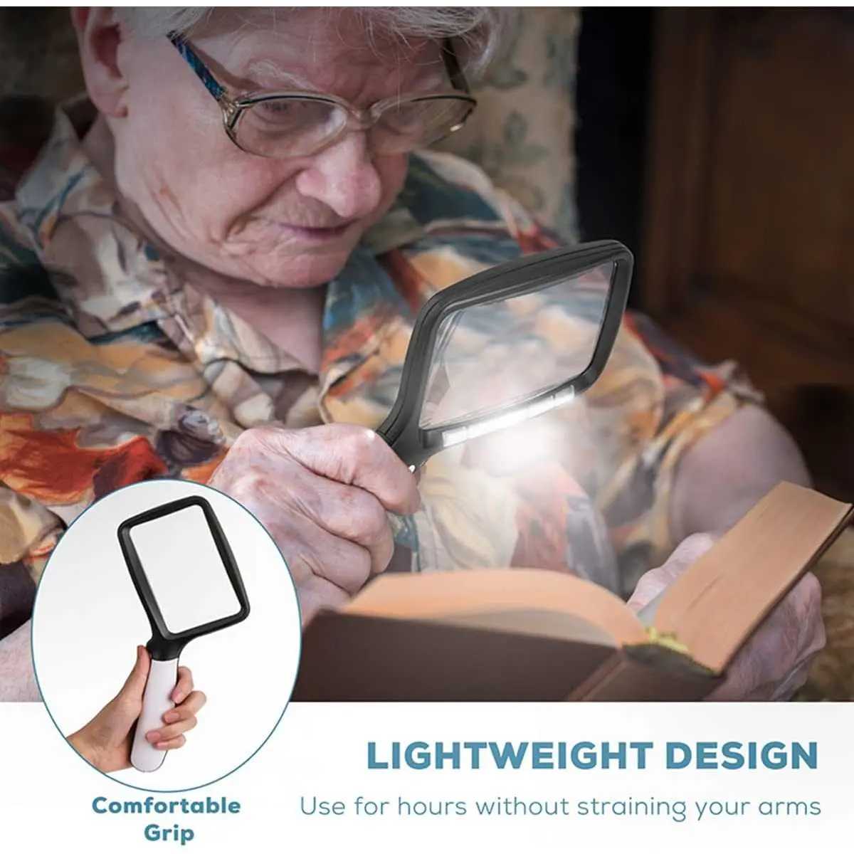 Kaca Pembesar Baca Handheld Reading Magnifiying Glass Lup 3X with LED Baterai AAA ABS Resin Anti Slip Lightweight Design Comfortable Grip