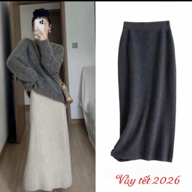  Chân váy dáng A Dài chất lên lông thỏ dày mịn ấm lưng chun có xẻ tà sau nữ hottrend 
