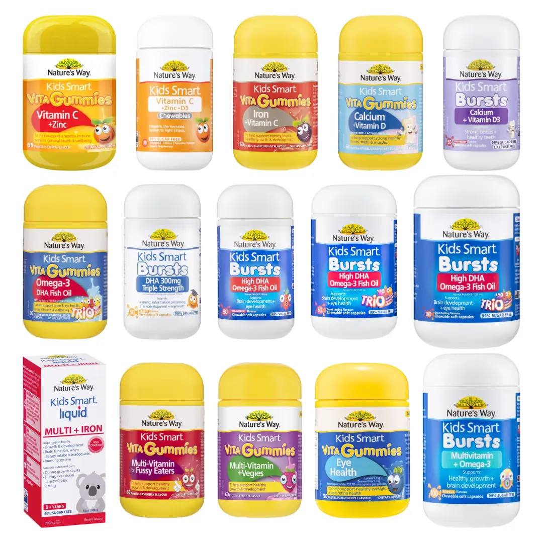 NATURE’S WAY Kids Smart Vita Gummies Bursts Liquid / Vitamin C Zinc 60 D3 75 Iron Calcium Vit D 50 Omega-3 High DHA Trio Fish Oil 180 Student Triple 3x Strength Omega 3 Multi 200ml Multivitamin Fussy Eaters Vegies Blue Light Eye Defence Health 100 Natures