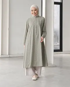 Mistyvori Aziza Tunik Bordir Model Panjang Kancing Simple Muslim Wanita Atasan Dress Katun Variasi Busui Friendly Material Cotton Embroidery Warna Taupe Size SM L XL XXL