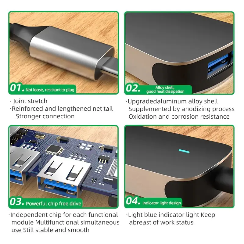 GOOJODOQ Premium 4-in-1 USB Type A / Type C USB 3.0 Hub for Mobile Phone PC - USB Type-A 8