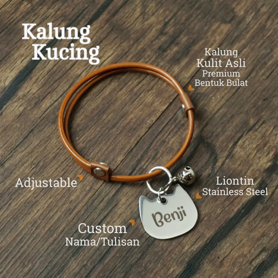 Kalung Kucing Kulit Asli Bulat Custom Nama Liontin Tag Stainless Steel hitam