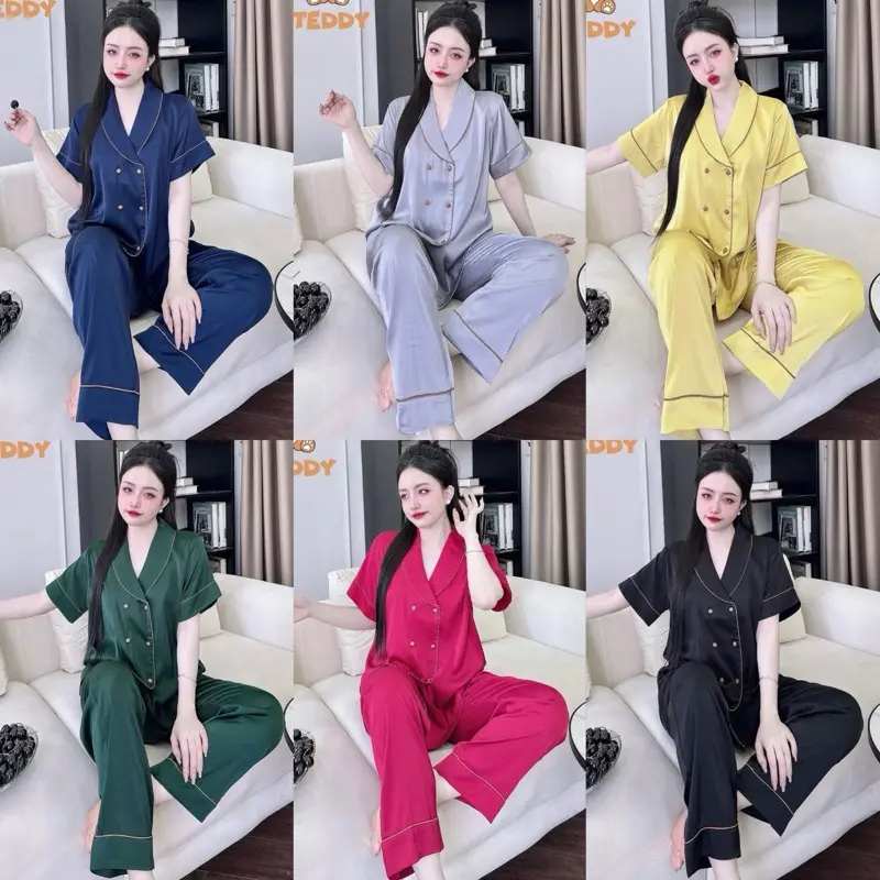 Size M XL 40-70kg . Quần M93cm XL95cm . (KHÔNG XƯỚC TRẮNG) TAY NGẮN Đồ Bộ Nữ Pijama Cổ Sam . Chất Vải Lụa Latin Mềm Mịn. Có Túi -  Women