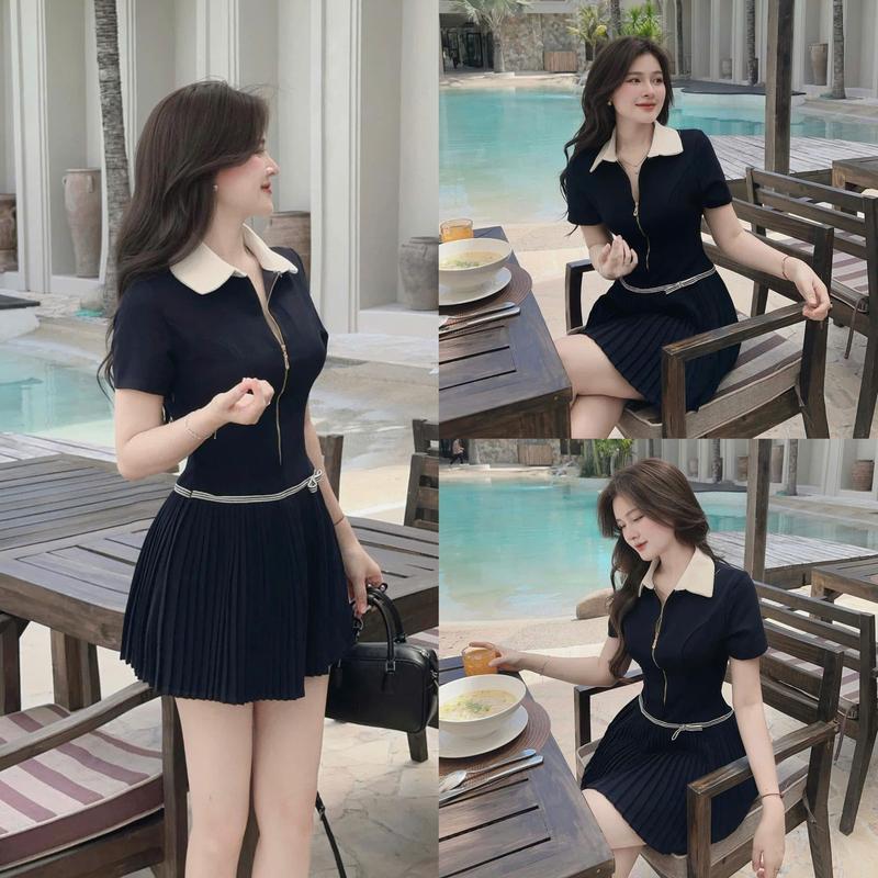 A116- Đầm POLO Dáng Ngắn phối khóa kéo Chân váy xếp ly kèm nơ eo tiểu thư, thanh lịch