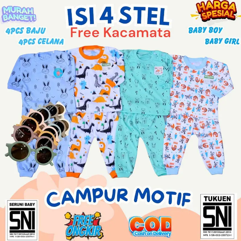 FREE KACAMATA PAKET HEMAT 60RB  DAPAT 4 STEL BAJU BAYI SNI 0-12 BULAN RANDOM MOTIF Bunda Parsel 3