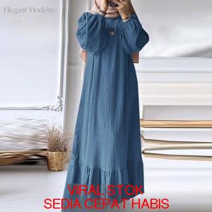 Gaun Muslimah, sesuai untuk Hari Raya, leher bulat, lengan tanglung, warna pepejal, panjang maxi, bahan poliester dan spandeks, item viral musim panas 2026, sesuai untuk pelbagai majlis. Terdapat pelbagai saiz S-5XL.