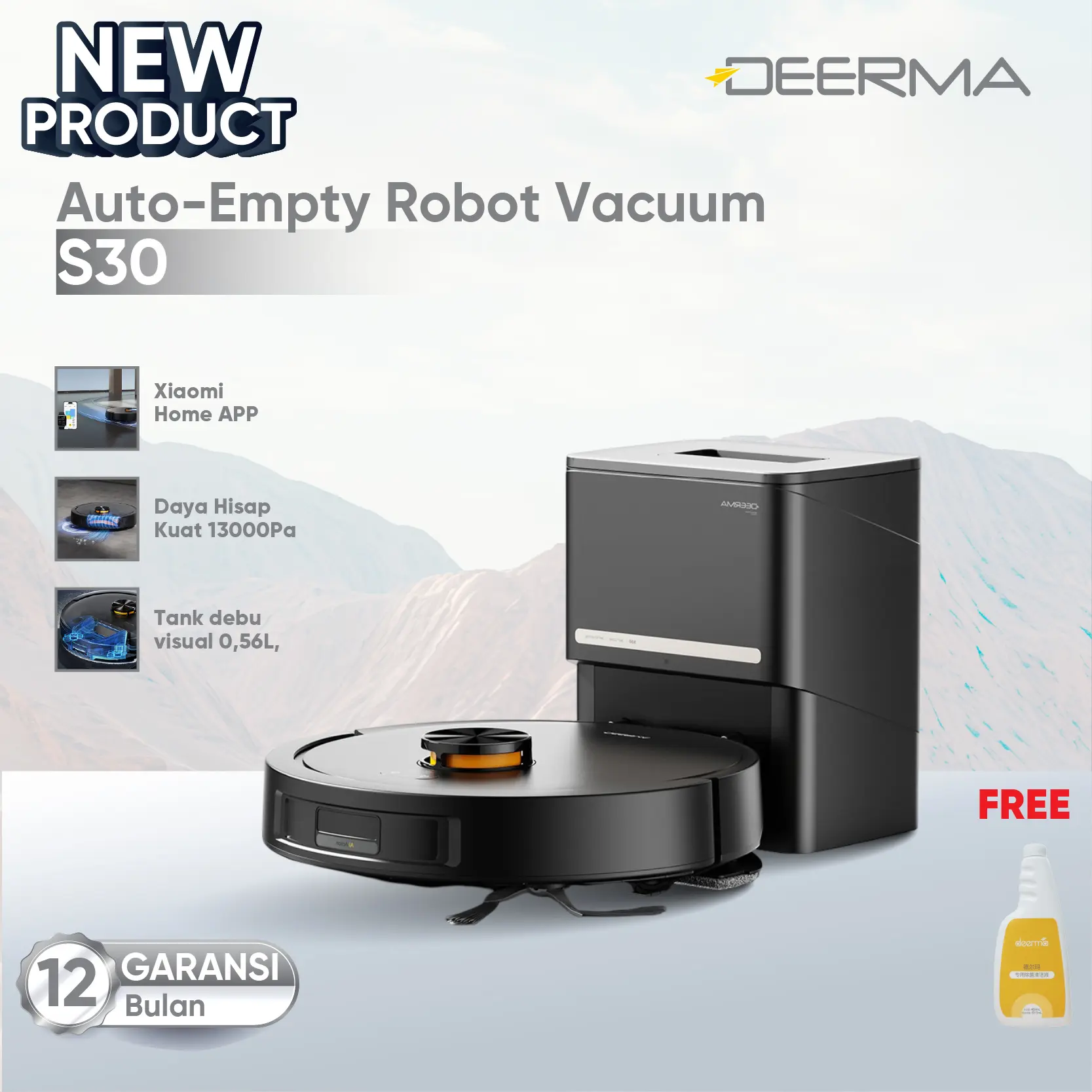 Deerma Robot Vacuum Cleaner S30 | Sapu Pel Vakum Penyedot Debu |Chassis lift | Sapu Vacum Pel Vakum Mop |1 Year Local Warranty |