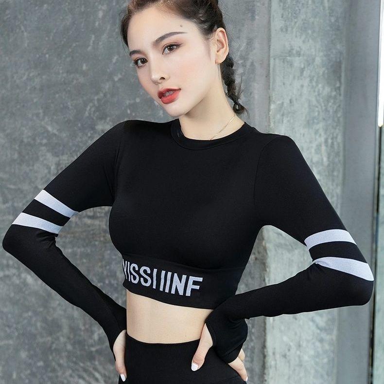 Bộ Đồ Mặc Tập Yoga, Flyblue, Dành Cho Nữ, Áo Dài Tay, Quần Cropped Gợi Cảm, Mỏng Vừa Vặn, Độ Đàn Hồi Cao, Quần Chạy Bộ Thể Dục, Phong Cách Thể Thao 1