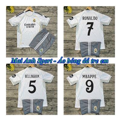 Bộ Quần Áo Đá Banh Trẻ Em CLB REAL 2025 - ( Quần + Áo ) - Vải Mè Thái Cao Cấp - Hàng in Sẵn Kids Cho Bé aođabóng áođábanh nữ