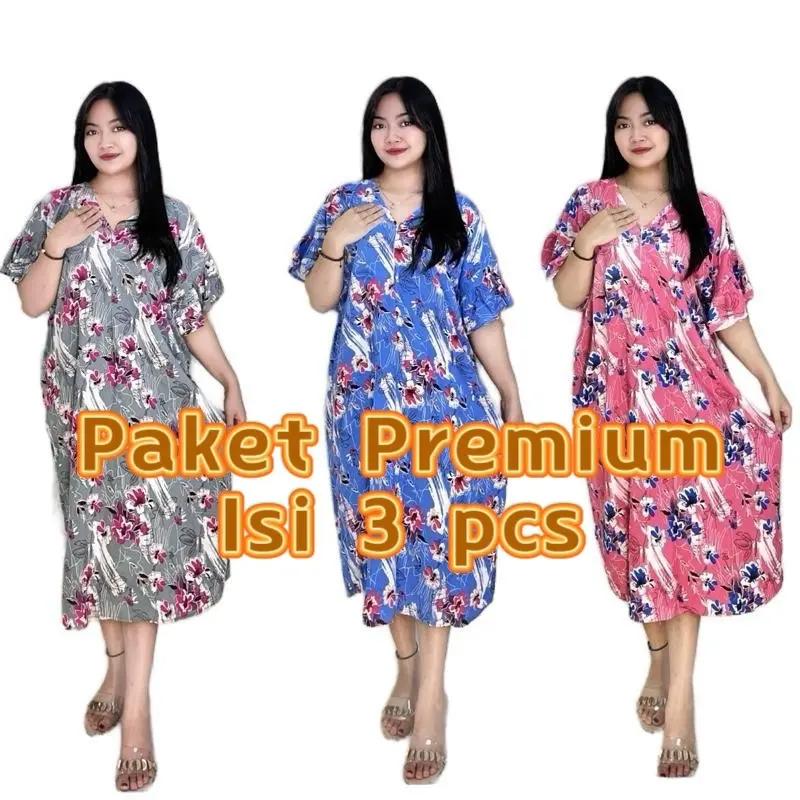 3 Pcs Alina Dress Jumbo Ld 125 Pb 110 Bahan Rayon Tebal Jahitan Kuat Wanita Busui Pendek Bumil Daster