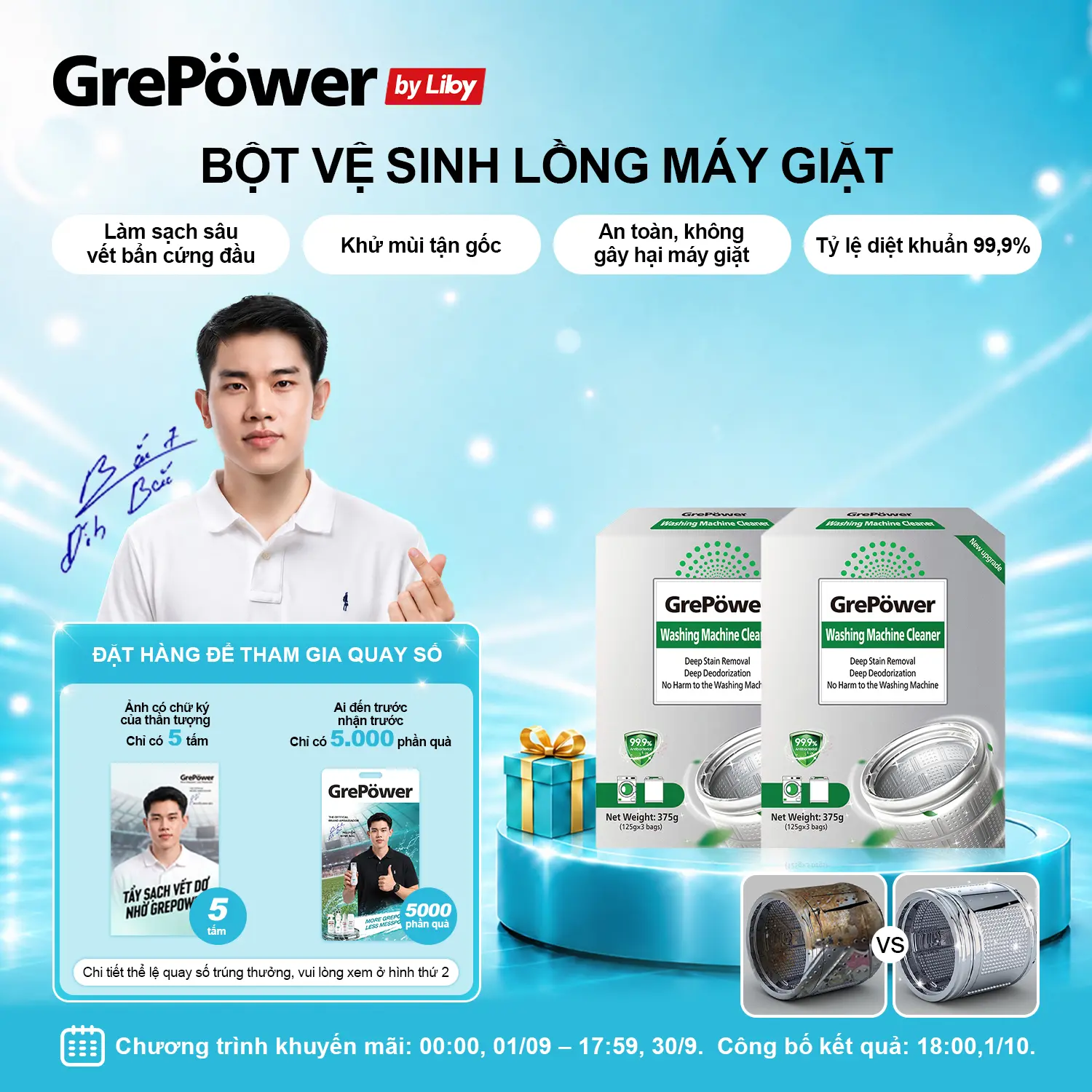【Grepower by Liby 】 Dung Dịch Tẩy Rửa Máy Giặt, 3 Túi-D1