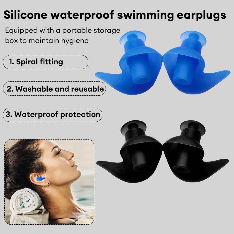 Nút bịt tai bơi bằng silicon chống nước, hình xoắn ốc mềm mại, giảm tiếng ồn, kèm hộp đựng, có thể tái sử dụng.