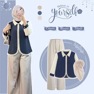 One Set Remaja Kekinian ( Atasan Blouse Stripe - Celana Kulot - Jilbab ) Setelan Outfit Wanita Casual ZL218N