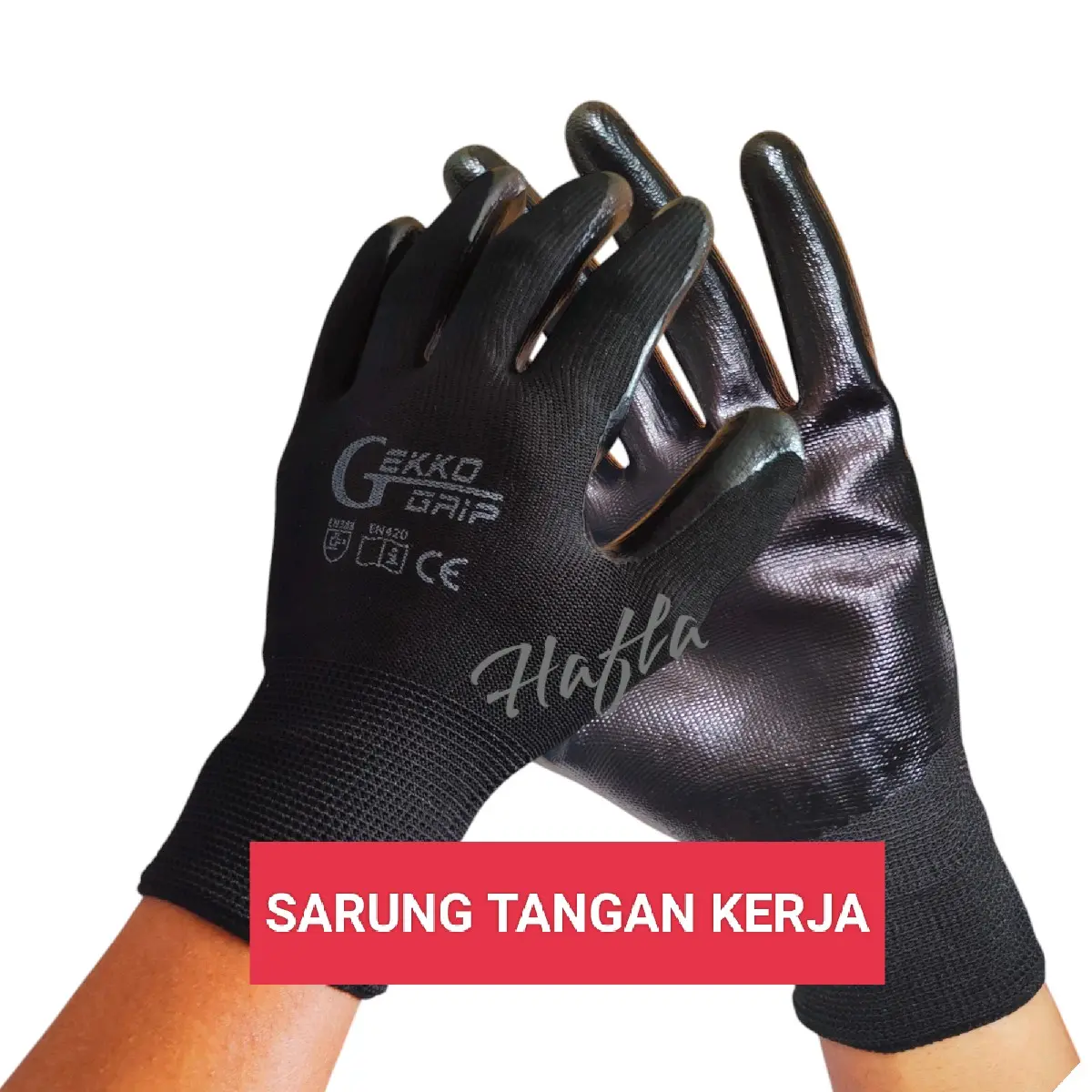 12 Pasang Sarung Tangan Karet Latex/ Nylon Polyretane/ Falmfit Kerja Safety Antislip Hitam Gloves