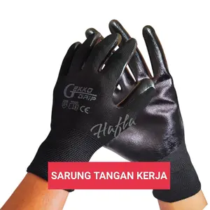 12 Pasang Sarung Tangan Karet Latex/ Nylon Polyretane/ Falmfit Kerja Safety Antislip Hitam Gloves