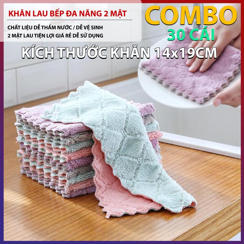 Combo 30 Chiếc Khăn Lau Bếp Đa Năng 2 Mặt Khăn Lau Bát Đĩa, Cố Chén, Khăn Thấm Nước Nhanh Kích Thước 14cm x 19cm Làm Sạch Dầu Mỡ 2 Mặt Tiện Lợi Dễ Vệ Sinh