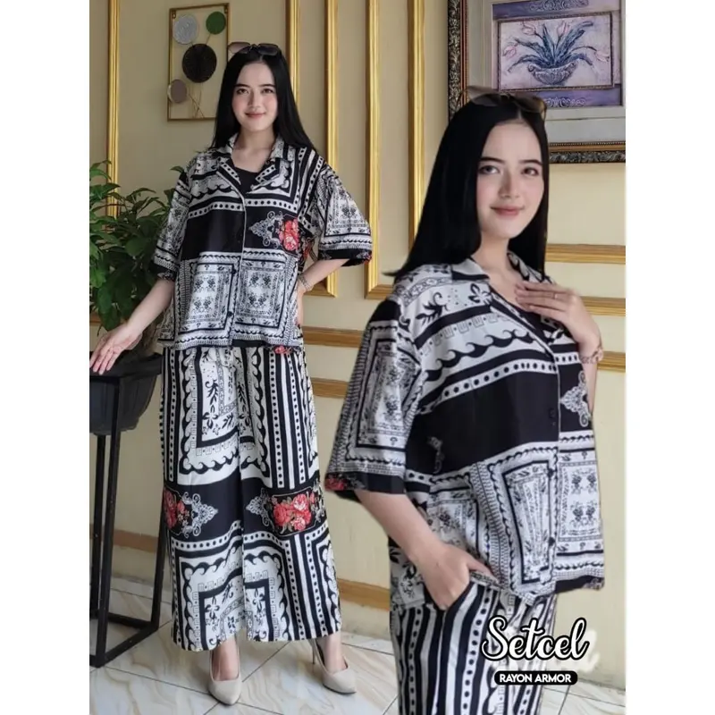 Setelan Wanita Cantika Motif Bunga Ld 110Cm Setelan Bahan Rayon Premium | Setelan Celana Kulot | Setelan Wanita Sablon Motif | Setcel Kemeja | Set Busui 0