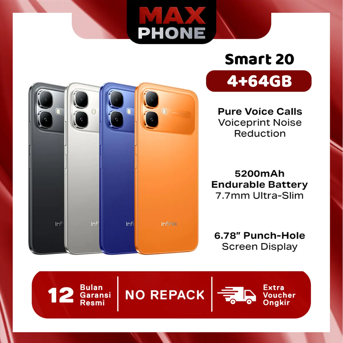 Infinix Smart 20 4/64GB - Up to 8GB Extended RAM - Mediatek Helio G81 - 6.78” - 8MP - 5200 mAh - IP64