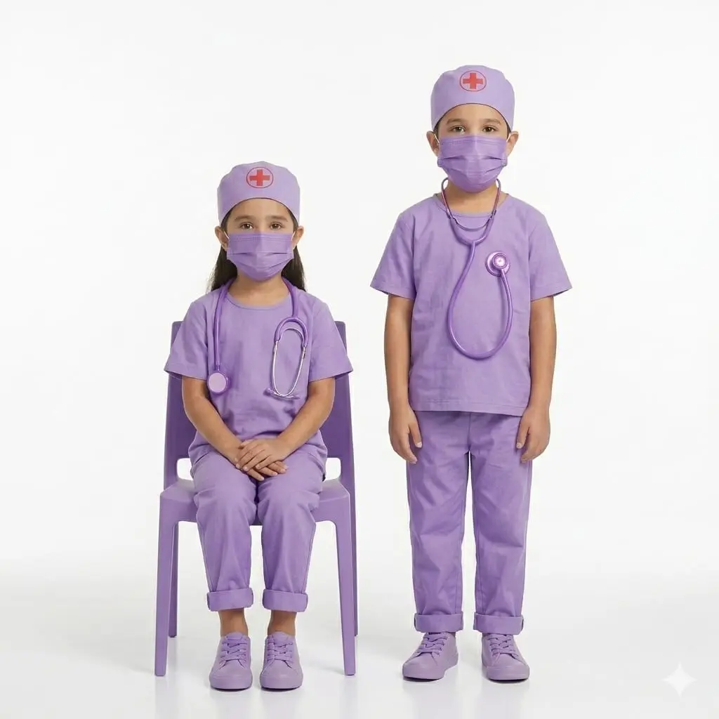 Baju Dokter Bedah Anak Ungu Set Lengkap Stetoskop - Seragam Kostum dokter Bedah Anak Bahan Katun Premium