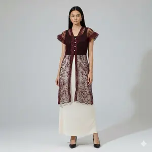 Leyca Outer Brokat Premium dengan Desain Bunga dan Ruffle Lengan Pendek untuk Tampilan Elegan Kebaya warna coklat mahogany crop tile safa