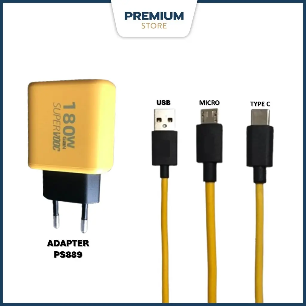 Adapter charger + kabel type c micro usb ps889 GaN supervooc 180W Fast charging batok cable charger multifungsi