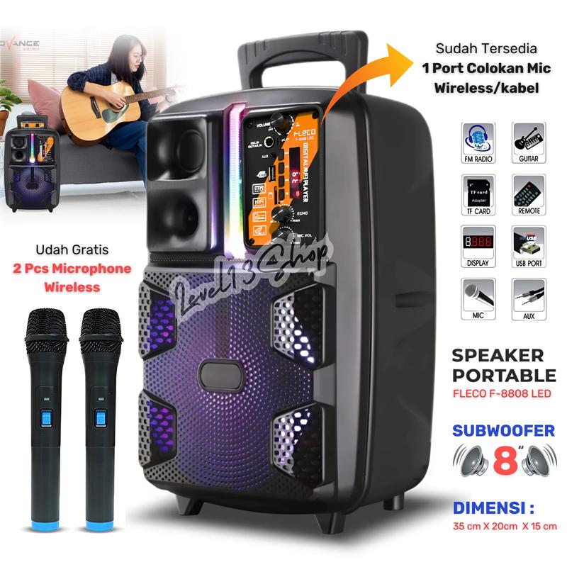 Product Introduction of Speaker Bluetooth FLECO F-8808 LED 8 Inch Free 2 Mic Wireless Karaoke + Remote - Speaker Karaoke Full Bass FM Radio digital 29