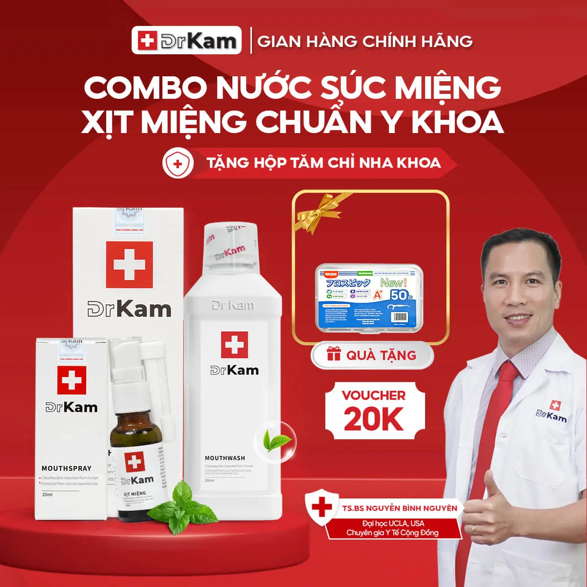 Combo chăm sóc răng miệng - Nước súc miệng & xịt miệng chuẩn y khoa DrKam khử hôi miệng, giảm viêm nướu.