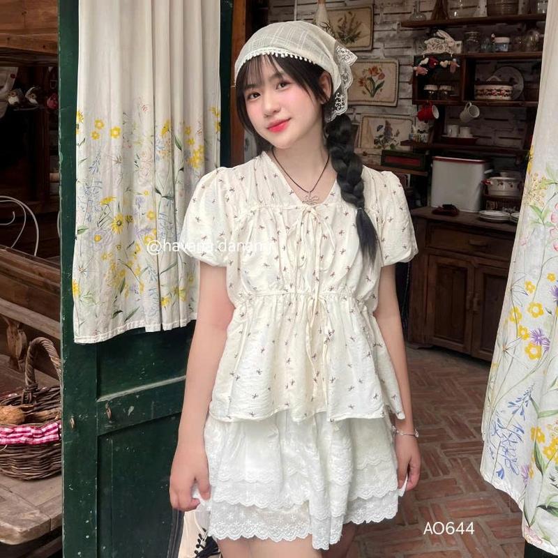 (HAVANA) Áo LILORA Babydoll hoạ tiết nơ, phối dây cột  AO644