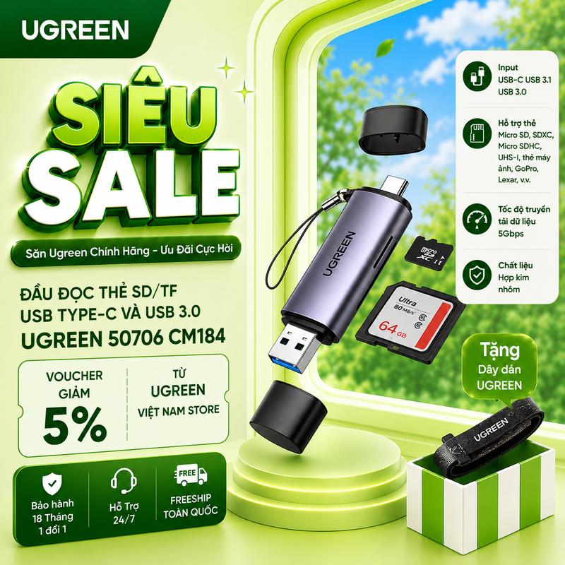 Đầu đọc thẻ nhớ Type C & USB 3.0 Ugreen 50706 80191 CM184 SD/TF | Tốc Độ 5Gbps…