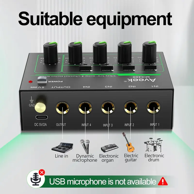 Aveek 4 Channel Mixer - Mini 4 Stereo Audio Mixer, Low-Noise for Precision Sub-Mixing,1/4" TRS Input/Output Ideal for Mics/Guitars/Bass/Stage - 3 x 4.4 x 1.3 inches 3