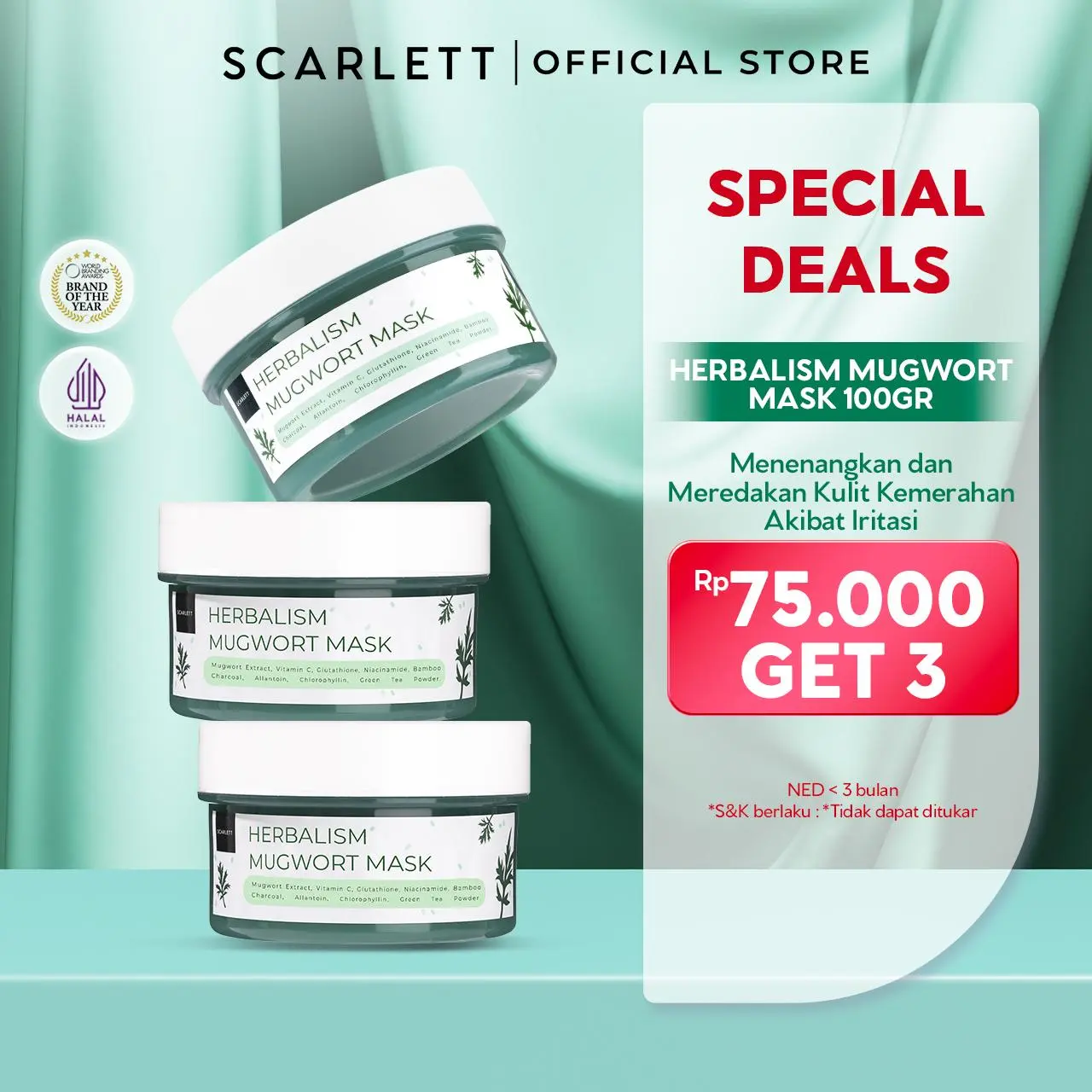 Scarlett Whitening - Herbalism Mugwort Mask Berjerawat Mencerahkan Wajah Mengatasi Kulit Muka Berminyak
