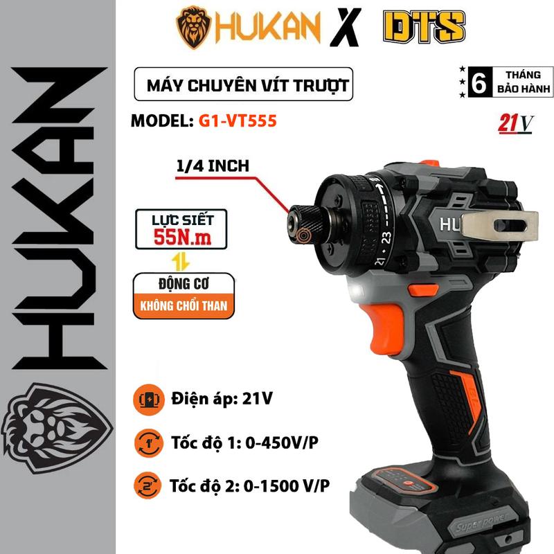 Máy chuyên vít trượt pin 21V Hukan BODY-G1-VT555, lực siết 55N.m | Máy bắn vít đa năng tích hợp 23 cấp trượt, đầu vít 1⁄4 inch, động cơ không chổi than, chân pin phổ thông