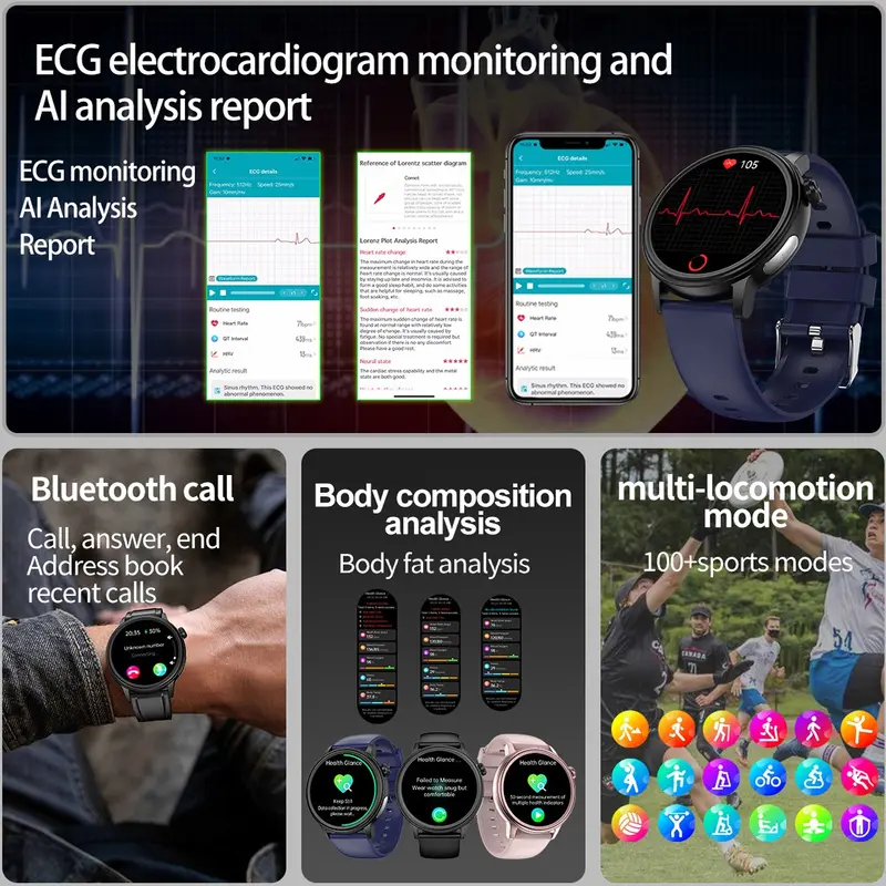 Jam tangan pintar Non-Invasive Blood Glucose Blood Lipid Uric Acid Smartwatch ECG Body Temperature Blood Pressure Monitoring Untuk Pria Wanita Bluetooth Call Tahan air Bracelet VS ET481 ET310 ET470 4