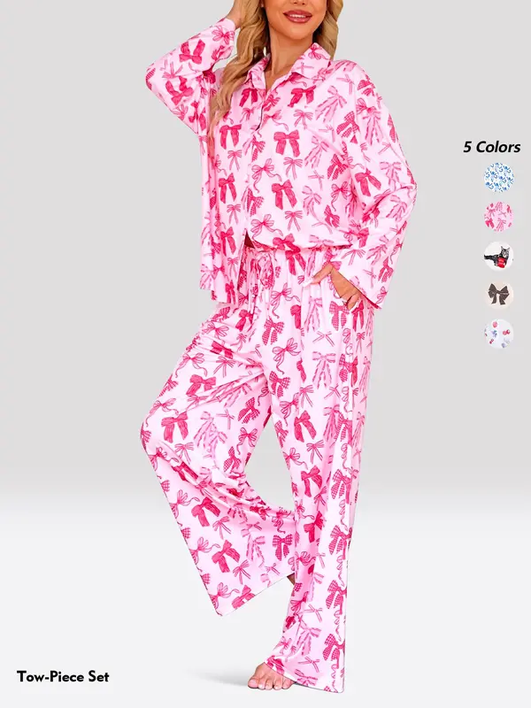Women's All Over Print Lapel Neck Pajama Two-piece Set, Long Sleeve Button Top & Pants PJ Set, Casual Comfy Pyjama Set for Women, Loungewear 1