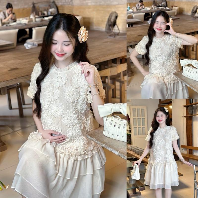  Đầm bầu Tết Hapi tiểu thư 3D hoa nổi phối đuôi cá tầng sang chảnh cho mẹ mang Tết đi tiệc đi chơi 