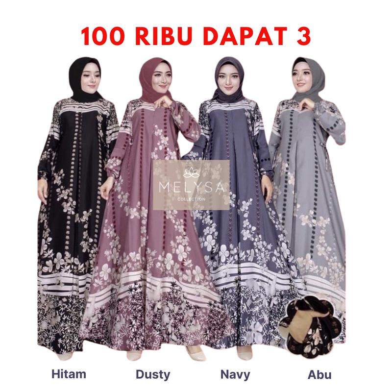 PAKET 100 RIBU ISI 3 Gamis Harian Hyget Premium Panjang Lengan Kerut Karet Motif Natasa Selena Tumpal Nadira Etnik Dress gamis Dewasa LEBARAN Muslim simpel gamis wanita busui Melar Nyaman Hitam 1