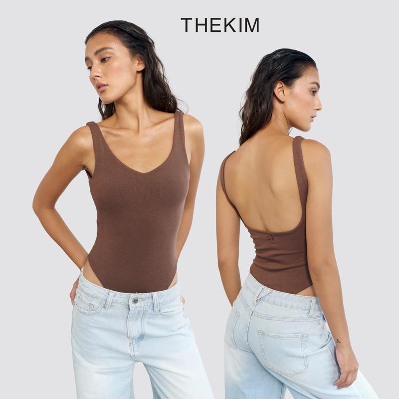 THEKIM Áo 2 dây bodysuit cổ tim ( có mút ngực ) khoét lưng sâu , áo ôm sát 2 dây liền thân chất liệu Rib 100% cotton T341