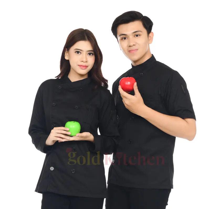 Baju Koki Chef Jacket Seragam Kerja Pria Wanita Lengan Panjang Pendek Model Mandarin Bahan Drill Merk Gold Kitchen Hitam Safety Bordir 6