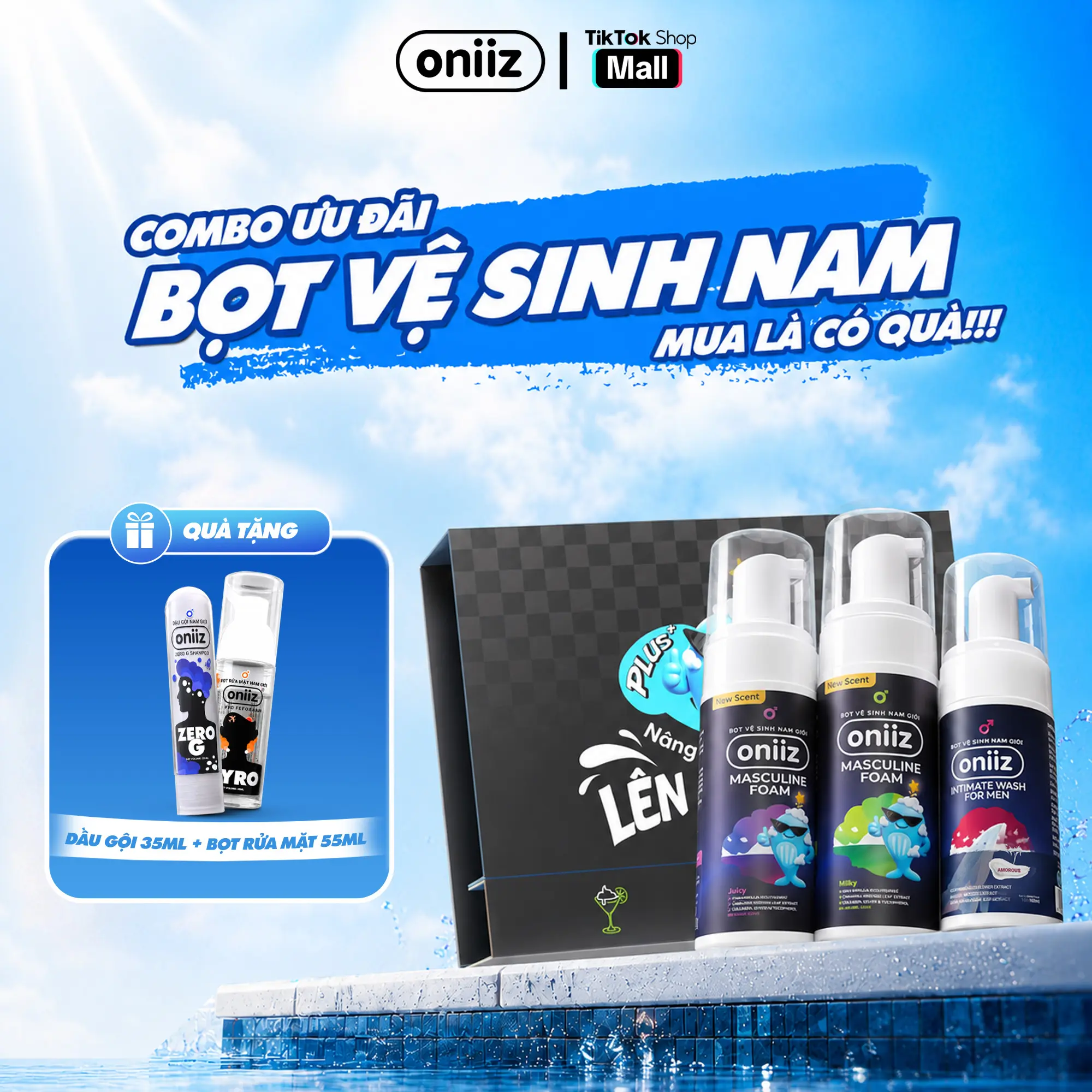 Combo Bọt vệ sinh nam giới Oniiz, Dung dịch vệ sinh Masculine Foam, quà tặng tùy chọn dầu gội ZeroG 35ml, bọt rửa mặt Hyro 55ml