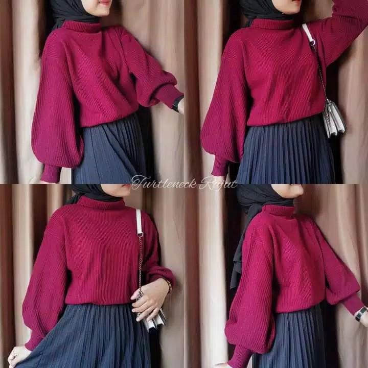 Bayoneta Sweater Rajut Balon Atasan Wanita  Kerah Turtle Salur Tangan Panjang Knitwear 5