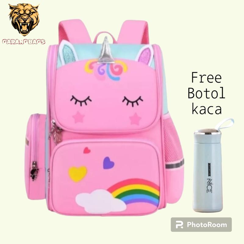 Tas Sekolah Anak Perempuan/ Tas Sekolah Anak TK dan SD/ Tas Anak Cewek/ Tas Sekolah Anak Viral/ Tas Unicorn/ Tas Sekolah Anak Perempuan Unicorn Terbaru Cantik/ Free Botol Minum Kaca Ransel 3