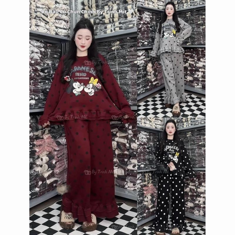   TRINH MIT  Bộ Bầu Dài Tay Micky Chấm Bi To Chất Umi Hàn Mềm Mát - Có Chun Chỉnh Eo Cho Bầu Mặc Thu Đông 