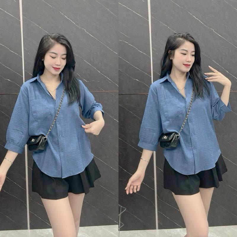 Áo Sơ Mi Nữ Đũi Jean Tay Lỡ 1 Túi E21112