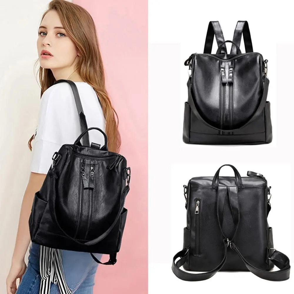 Multifunctional Leisure Handbag Double Zipper Travel Tote Backpack Large Capacity Shoulder Bag School Leather Backpack College Bag