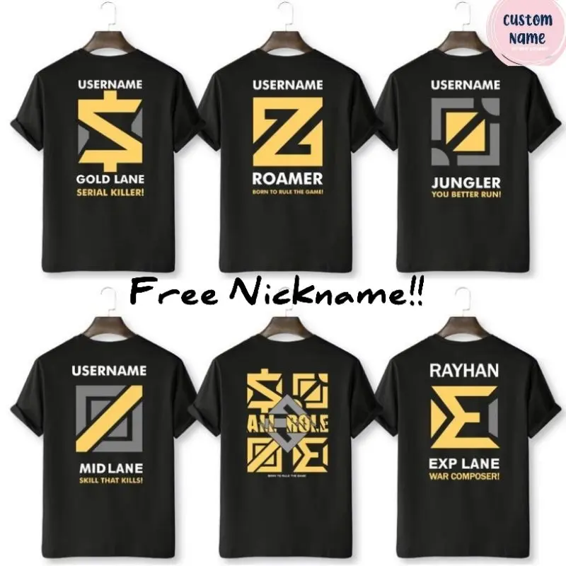Kaos T-shirt Game Mobile Legend All Role Baju ML Custom Nama MLBB Distro Atasan Pria wanita Role Exp Jungler Mid Lane Termurah