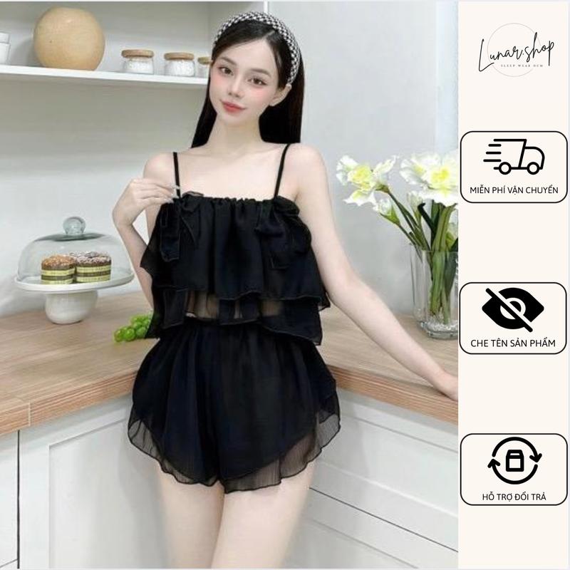 BigSize 55kg - 85kg Set đùi Von tầng Nơ tiểu thư kèm tăng chỉnh. áo lửng croptop 2 tầng thời trang mềm mát. Nhung Nữ Women Kem Thun set đồ nữ đẹp đồ ngủ set nữ xesy gợi đồ ngủ cho nữ