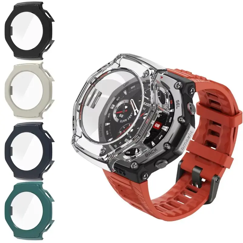 Hard PC Case for Amazfit T-rex 3, Glass Screen Protector Film Smartwatch Frame Case For Amazfit T-rex 3 Smart Watch Trex3 Protective Bumper Cover
