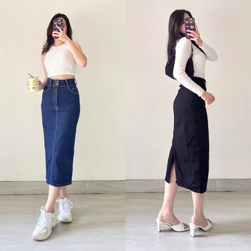 KLAVEE — JOAN DENIM SKIRT STRETCH / Rok Jeans Midi Wanita / High Waist Stretch Melar Korean Style 1